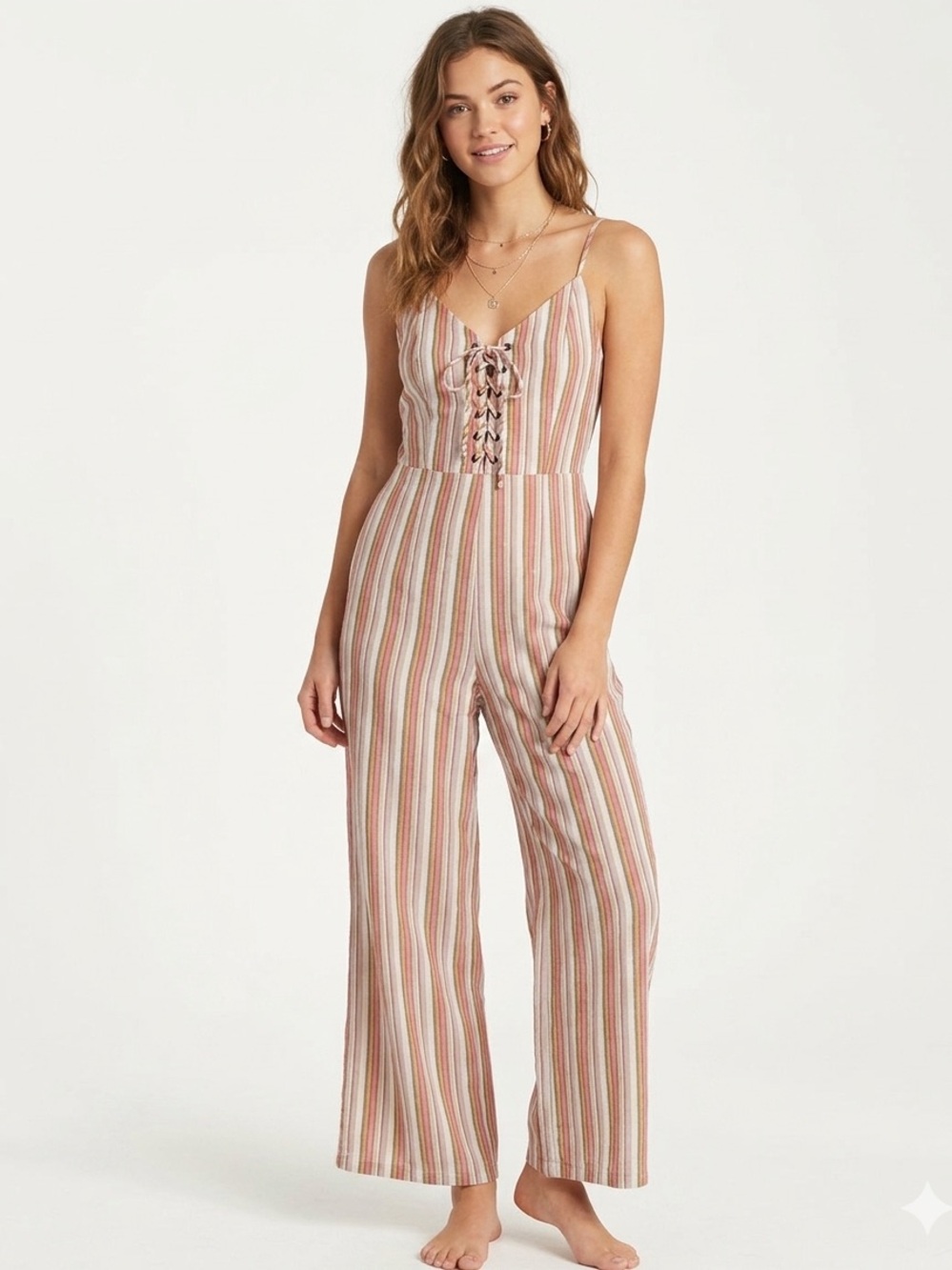 Aeropostale Pink Multi-Striped Lace-Up Wide-Leg Jumpsuit